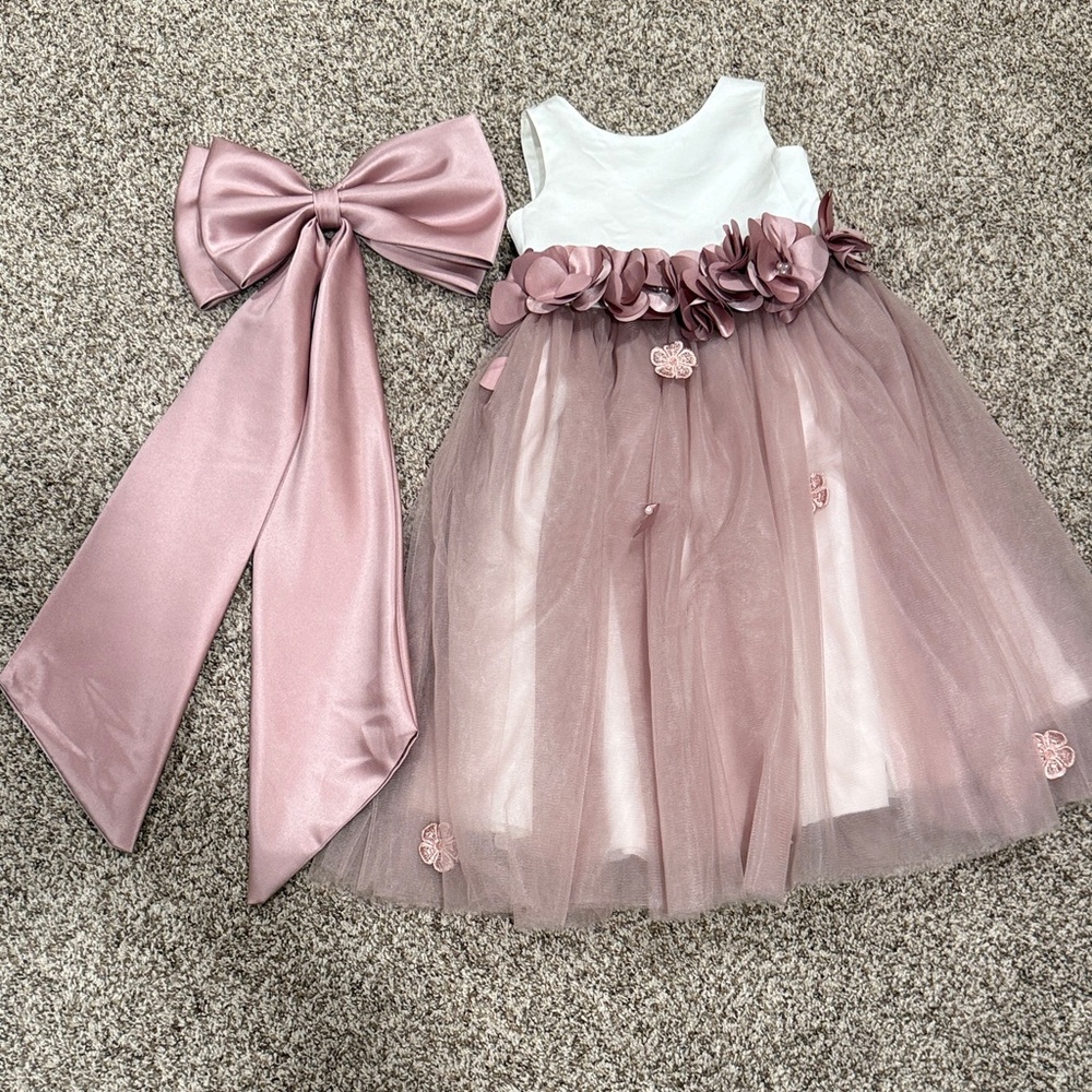Pink and White Tulle Dress with Bow, Flower girl dress